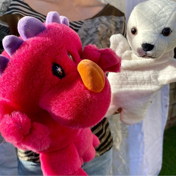 Two Hand Puppet Plushies White Baby Harp Seal and Pink Purple Baby Dinosaur - Picture 16 of 16
